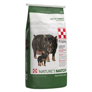 Purina Nature’s Match Sow & Pig Complete Feed. Green 50-lb Feed bag.